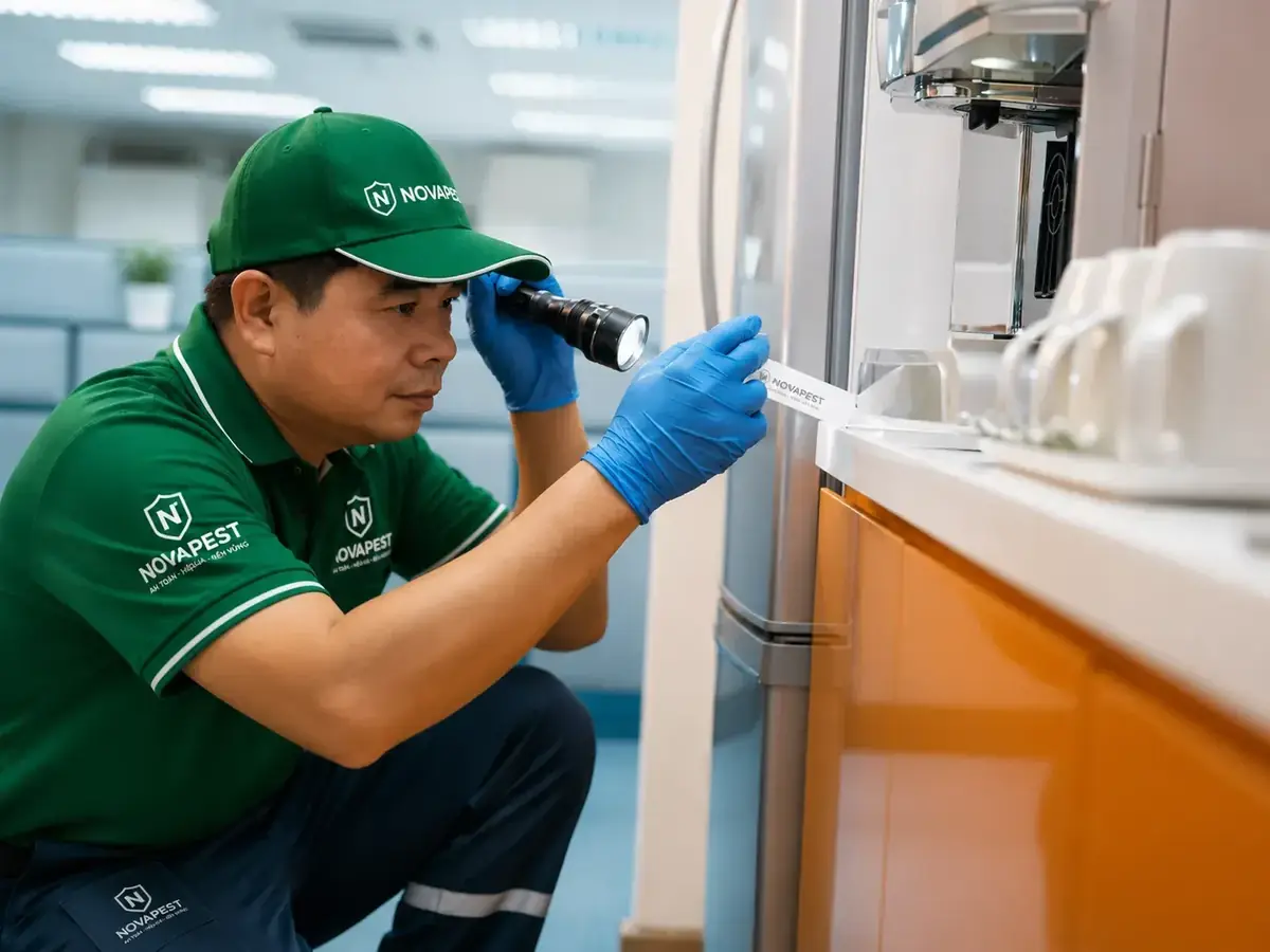 Kỹ thuật viên NOVAPEST kiểm tra dấu hiệu gián tại công trình
