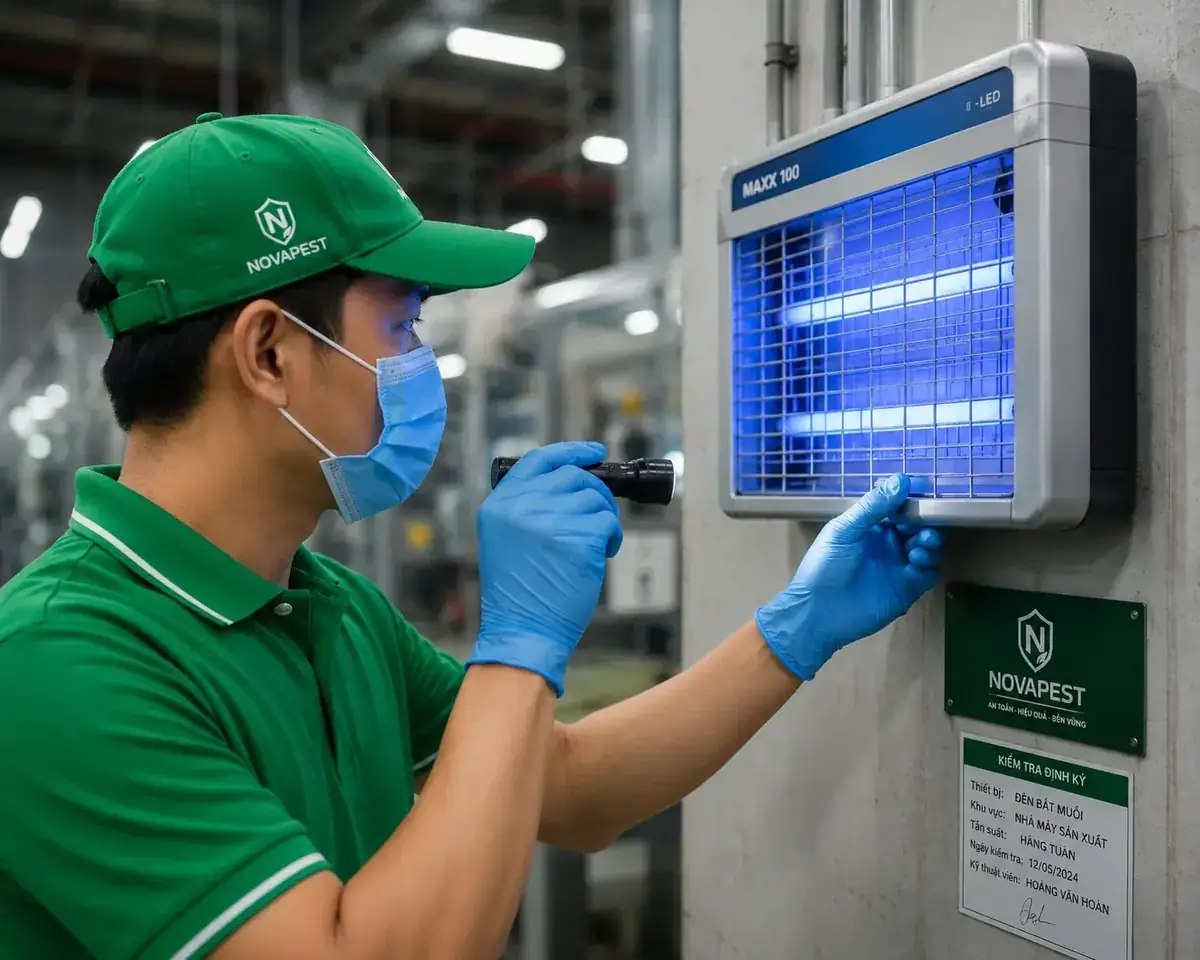 Kỹ thuật viên NovaPest kiểm tra thiết bị kiểm soát muỗi